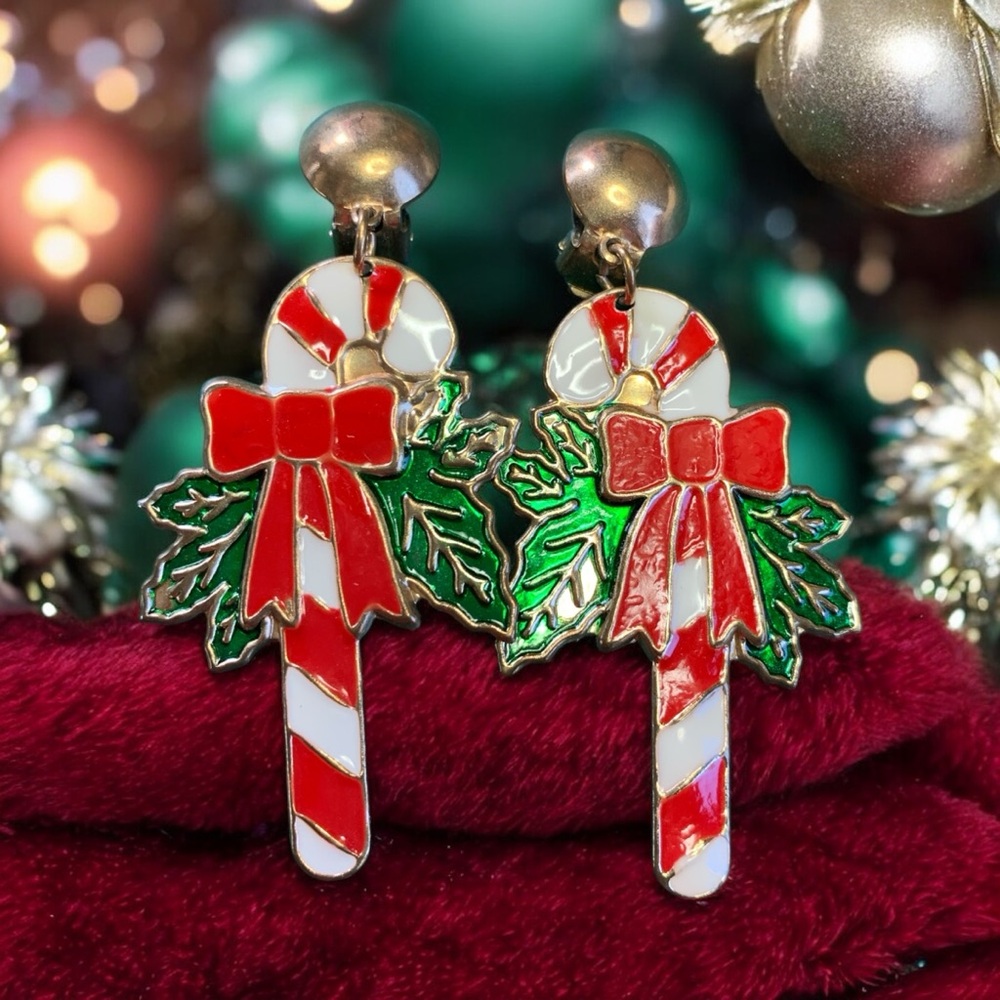 Festive Vintage Candy Cane Earrings, clip on, tin and enamel